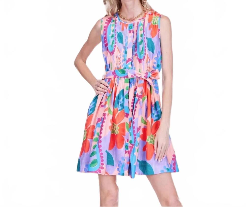 NEW JOY JOY the vogue tropical sleeveless pleated mini dress in happy hibiscus